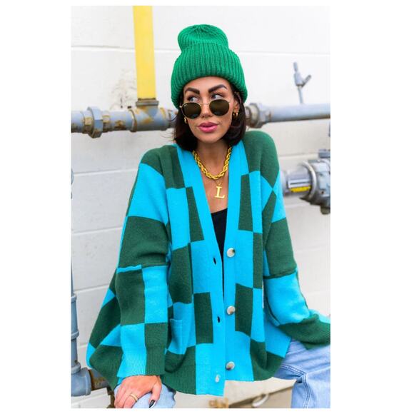 Dressed in Lala Love You Oversize Checkerboard Cardigan Size S/M - Picture 3 of 14